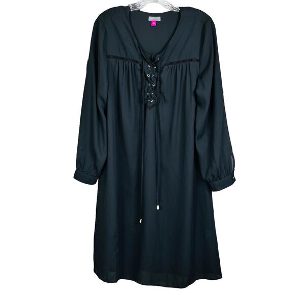 Vince Camuto Lace Up Button Sleeve Drawstring A-Line Black Dress - Picture 1 of 8